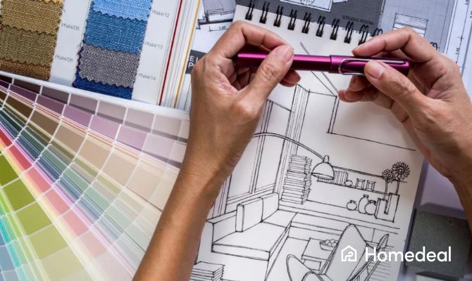 interieurstylist bezig met interieur tekening, kleuren en stoffen voor een woning