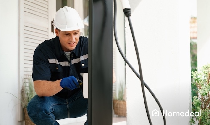 Vakspecialist is bezig met het installeren van een laadpaal bij iemand thuis