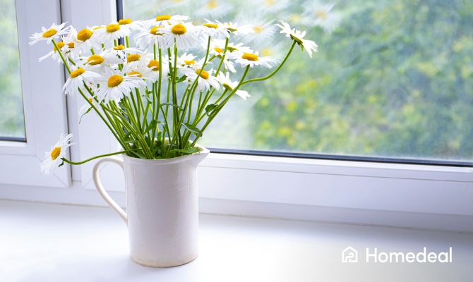 vaas met bloemen voor een raam met dubbel glas